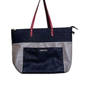 Steve Madden Tote Large Black Quilted‎ Tan Red Strap Shoulder Bag Zip Closure